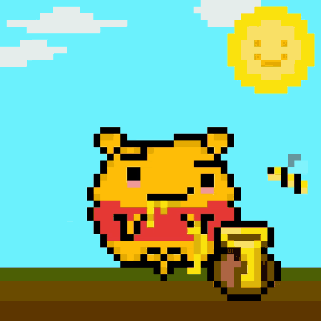 a pixel art drawing of winnie the pooh with a jar of honey