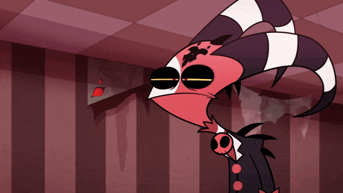 a cartoon character with horns is standing in a hallway