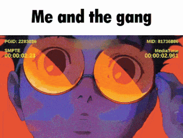 a cartoon of a boy wearing glasses with the words me and the gang