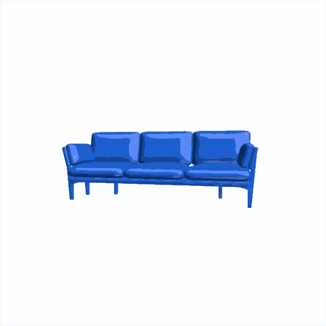 a blue couch on a white background with a few pillows on it