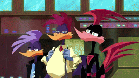 three cartoon characters are standing next to each other in front of a window
