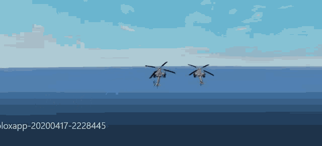 two helicopters are flying over a body of water in a video game .