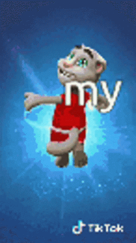 a cartoon cat is holding the word my