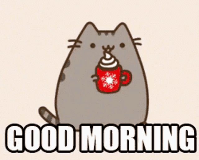 a cartoon cat is holding a cup of hot chocolate and the words `` good morning '' .