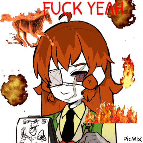 a cartoon of a girl holding a toaster with the words " fuck yeah " above her