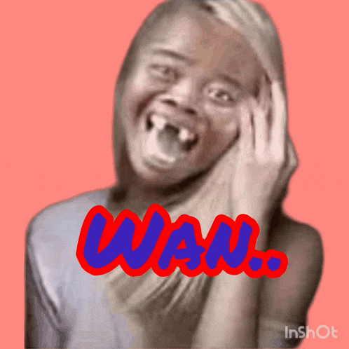 a woman is laughing with the word wan written in red and blue