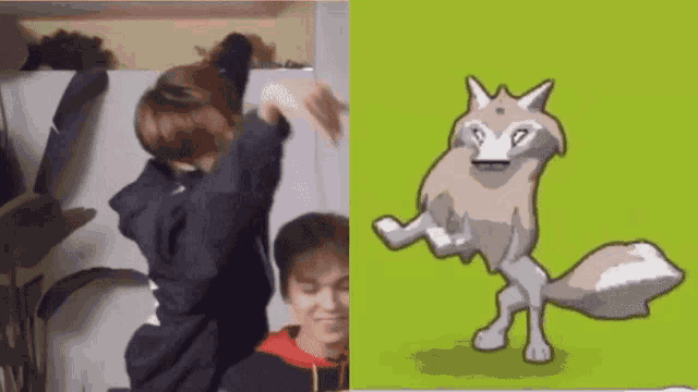 a woman is dancing next to a cartoon wolf .