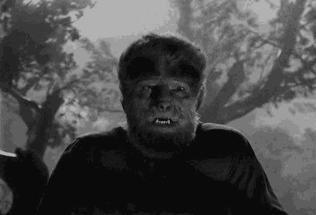 a black and white photo of a werewolf in a forest