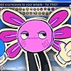 a cartoon of a pink axolotl with wings holding a blue ball .