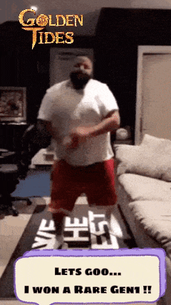 a man in a white shirt and red shorts is jumping in a living room with the words golden tides behind him