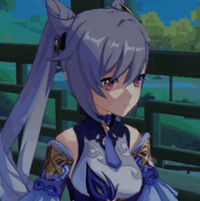 a close up of a purple haired anime girl with a ponytail