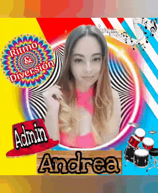 a picture of a woman with a drum set and the name andrea