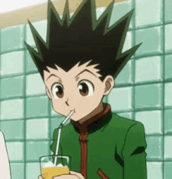 gon from hunter x hunter is drinking a glass of orange juice through a straw .