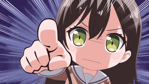 a cartoon girl with green eyes is pointing her finger