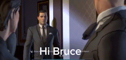 a man in a suit and tie is standing in front of a mirror and says hi bruce