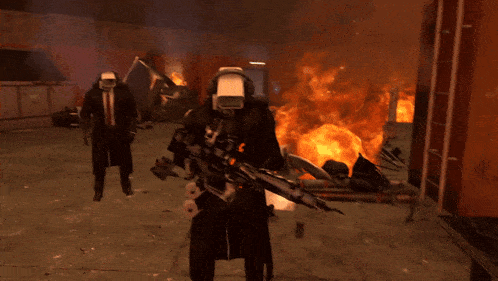a man in a gas mask is holding a gun and says mind your own business