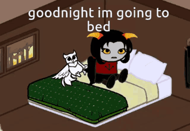 a cartoon character is sitting on a bed with the words goodnight im going to bed