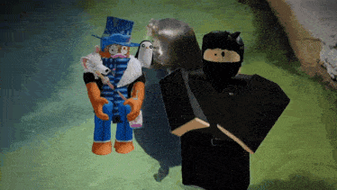 a ninja holding a penguin and a wizard holding a dog