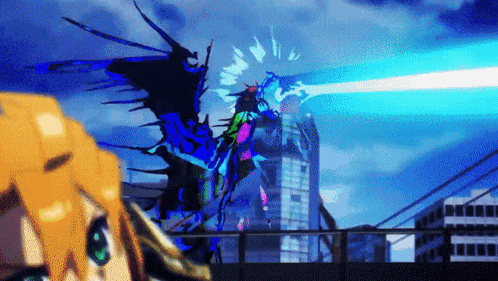 a cartoon character is standing in front of a monster that is shooting a blue light
