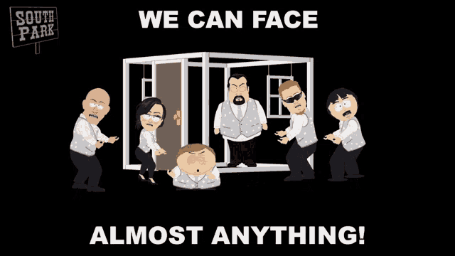 a poster for south park shows a group of people pulling a door