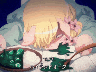 a cartoon of a girl vomiting on a plate of food with foreign writing