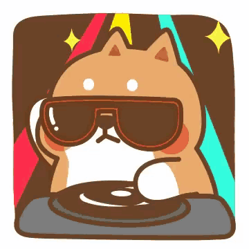 a dog wearing sunglasses is playing a record on a turntable