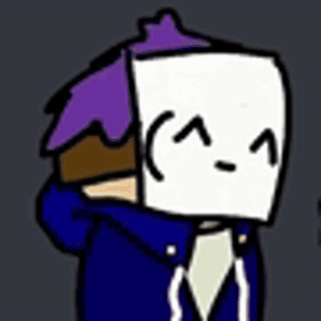 a cartoon character with purple hair and a white mask on his face .