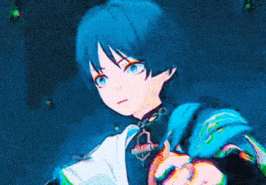 a boy with blue hair and blue eyes is holding a book in his hand .