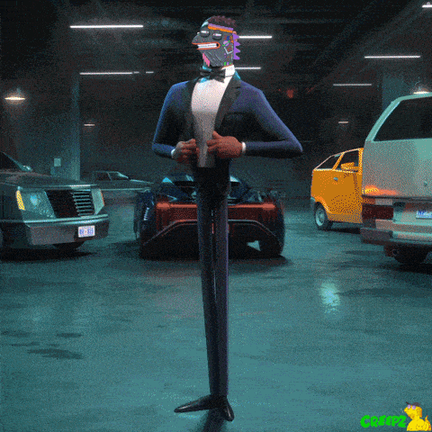 a man in a tuxedo is standing in a parking garage with cars