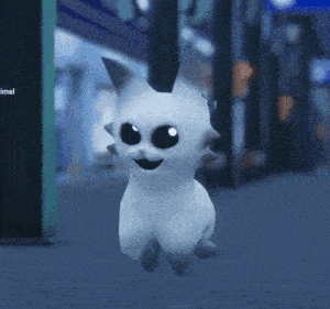 a white cartoon character with spikes on its head is walking down a street