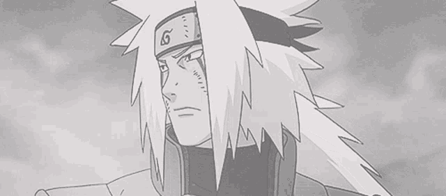 a black and white drawing of a cartoon character with long hair and a headband .