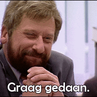 a man with a beard is laughing with the words graag gedaan behind him