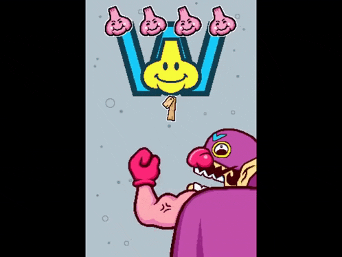 a cartoon of a man in a purple mask with a yellow smiley face and a number 1
