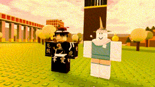 two roblox characters are standing next to each other with chinese characters on their outfits