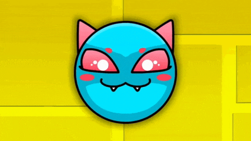 a blue circle with a cat face on it is sitting on a yellow wall .