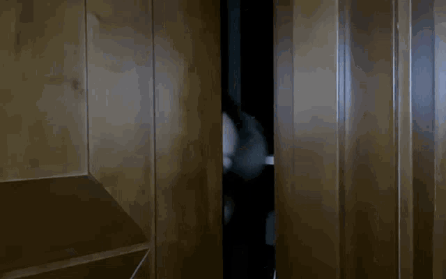 a woman is peeking out from behind a door and making a funny face .