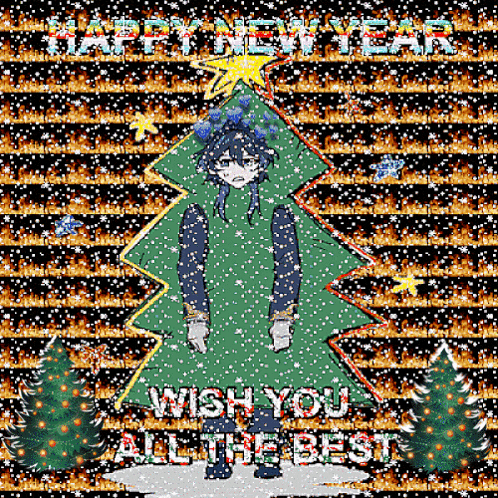 a happy new year greeting card with a christmas tree and the words wish you all the best
