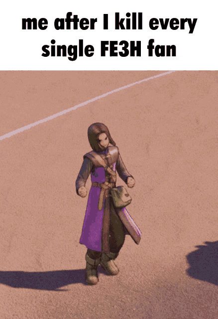 a man in a purple coat is standing on a dirt road with the words me after i kill every single fe3h fan below him