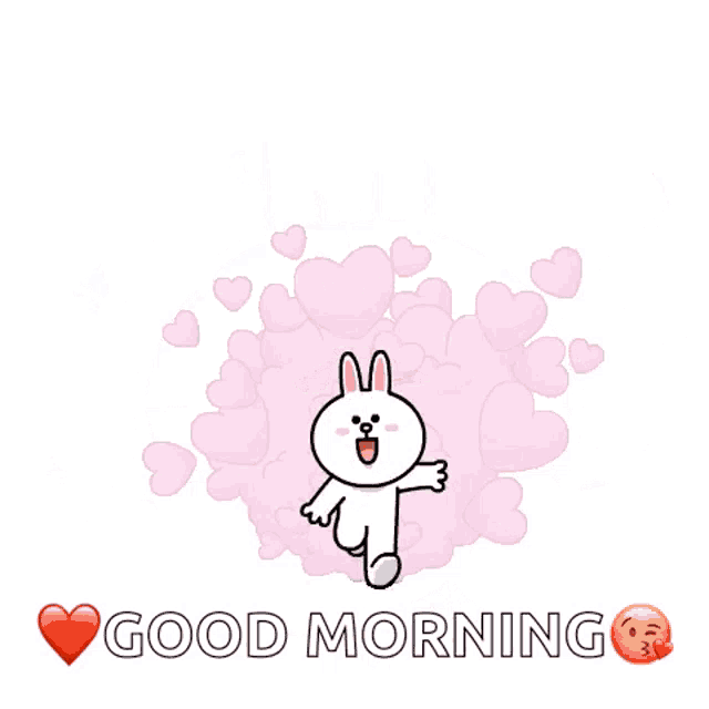 a cartoon rabbit is surrounded by red hearts and says good morning .