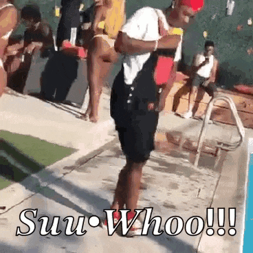 a man is standing next to a pool with the words sun whoo !!! written on the ground