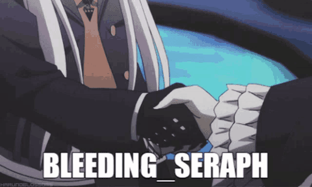 a man and a woman shaking hands with the words bleeding seraph above them