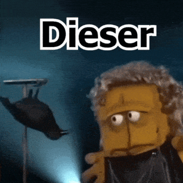 a puppet is standing in front of a microphone and the word dieser is above him