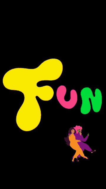 a couple of women are dancing in front of a fun logo .