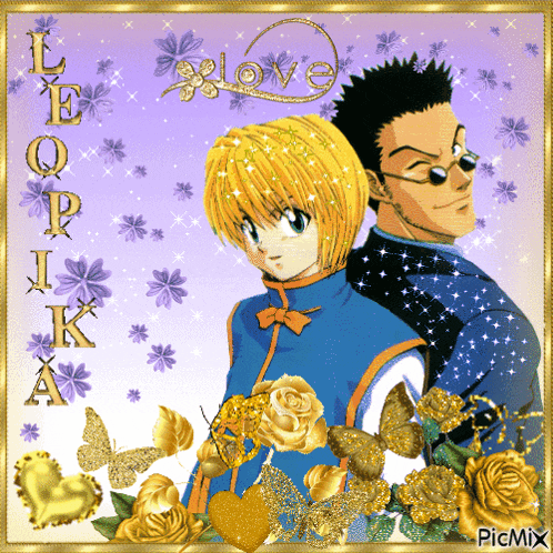 a couple of anime characters standing back to back with the word love written in the background