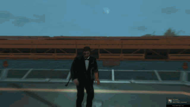 a man in a tuxedo and bow tie is walking in front of a building with a sign that says " to spawn "
