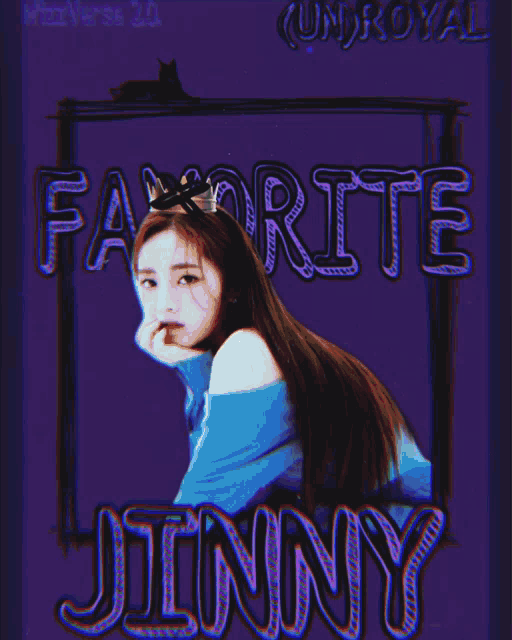a girl in a blue sweater is on a purple background that says favorite jinny