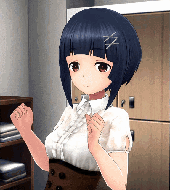 a girl with short black hair and a white shirt is standing in front of a locker