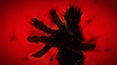 a red background with a black drawing of a person