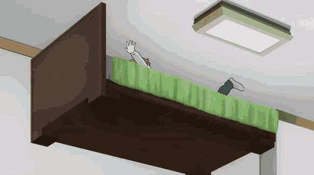 a cartoon drawing of a person laying on a bed with a green blanket