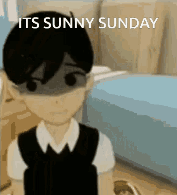 a cartoon of a boy with the words " its sunny sunday " on the bottom